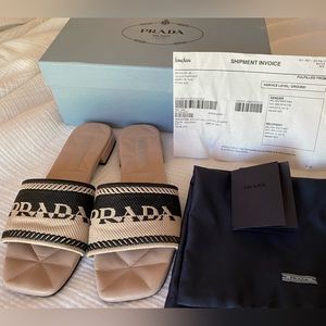 Prada Fabric Embroidered Logo Slide Sandals 39